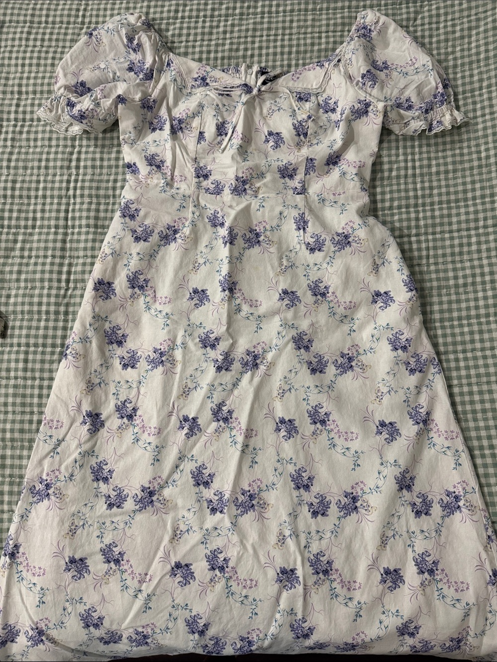 White Floral Puff-Sleeve Midi Dress with Lavender Print